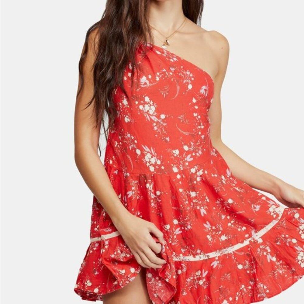 Free People All Mine Floral Linen One Shoulder Mini Dress